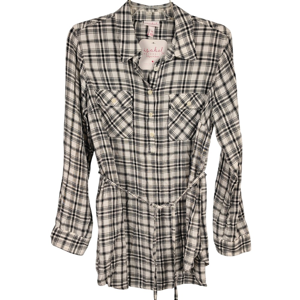 NWT Isabel Maternity Womens M Plaid Tie Waist Tunic Black White Rayon Casual